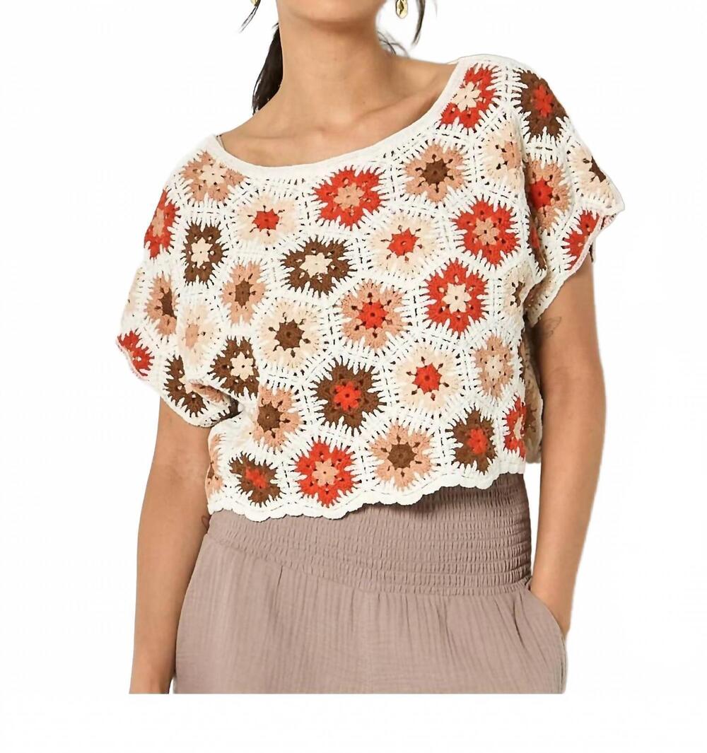 NEW APRICOT hexagon flowers crochet top in orange multi